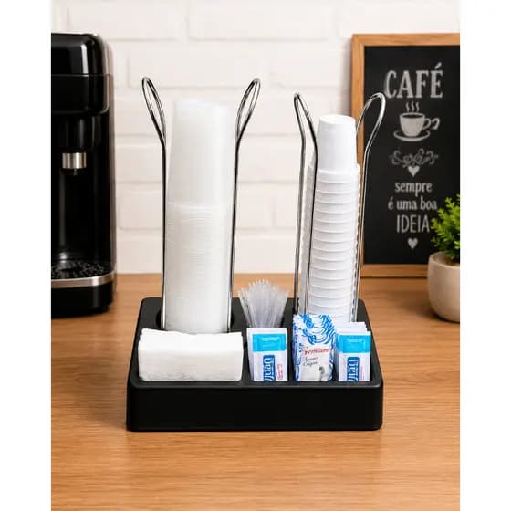 Porta Copos Descartáveis Organizador de Café | Suporte para Açúcar, Adoçante e Mexedores