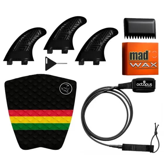 Quilhas+ Deck Prancha Surf Leash 6´x5mm + Parafina 80g + Raspador