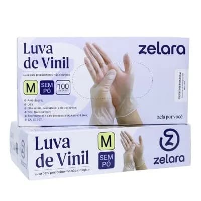 Luva de Vinil sem pó Zelara tamanho M com 100 unidades