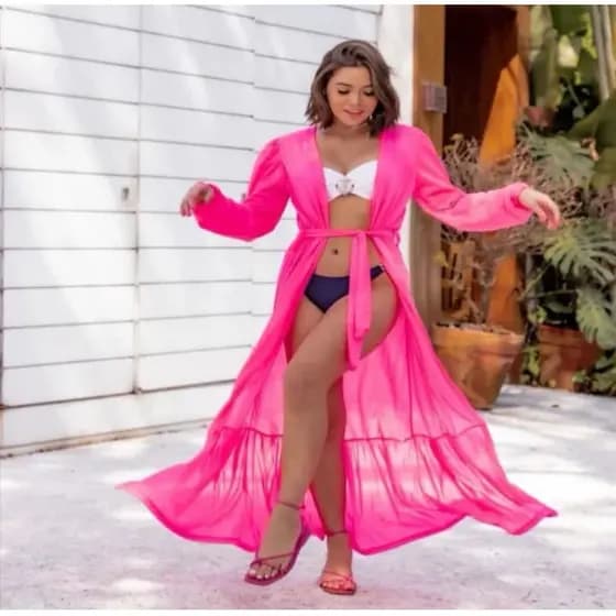 Saída De Praia Vestido Canga Manga Longa Kimono Lançamento 2022