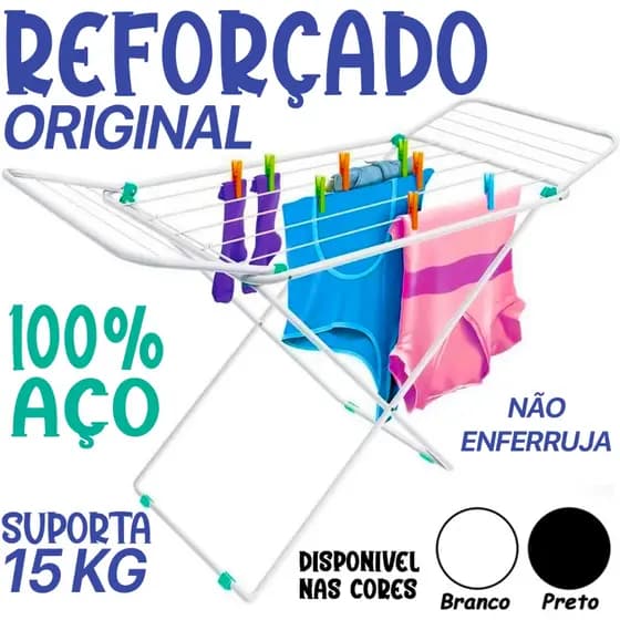 Varal de Chão com Abas Reforçado Aço Dobrável Miami Branco Preto Azul Cortelux