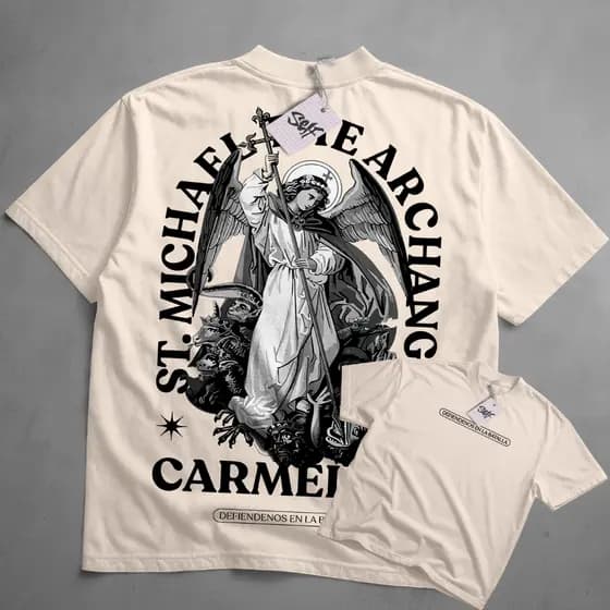 Camiseta Oversized St Michael Arcanjo Na Batalha Self Streetwear Angel Espada Carmelite Guerreiro