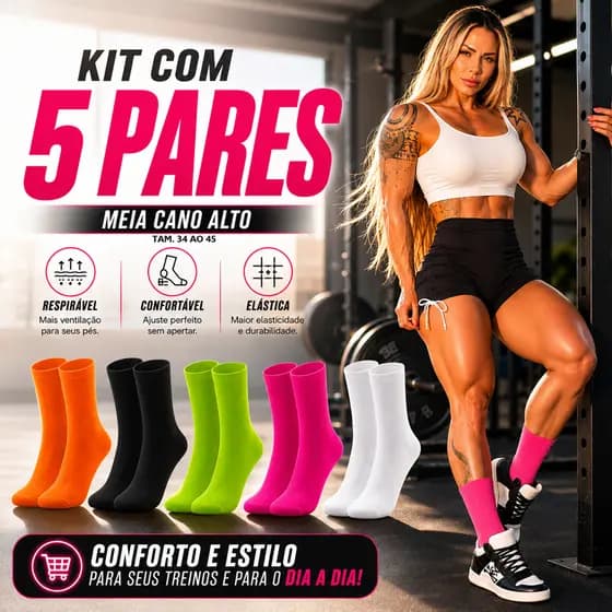 5 Meias Cano Longo Neon Feminina Masculina Academia Fitness Corrida Caminhada Meia Esportiva Premium