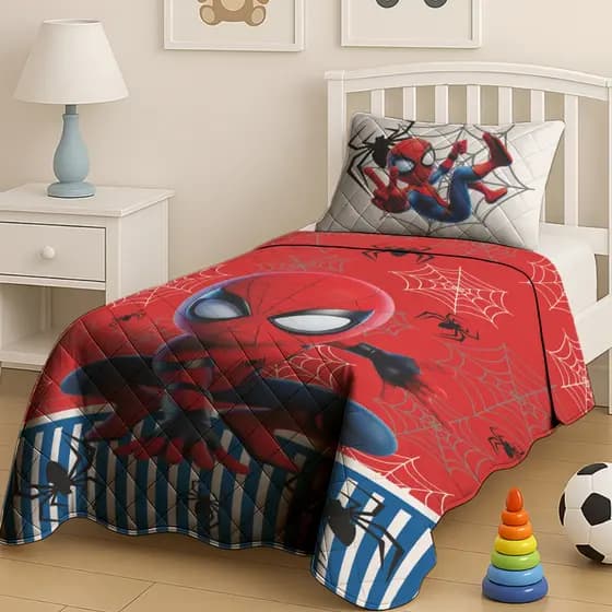 Cobre Leito Homem Aranha Vermelho Solteiro Infantil 220x150cm com Porta Travesseiro