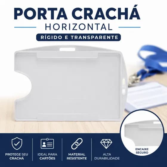 Porta Crachá Horizontal Rígido Transparente Protetor para Cartão Identificação Credencial PVC Office