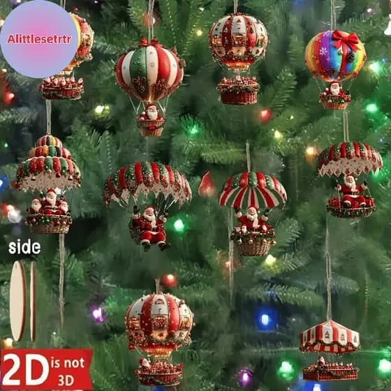 Tlesettrtr 10 Peças Balão De Ar Quente De Madeira De Natal Papai Noel 2D Pingente Plana Decoração De Árvore Perfeita De