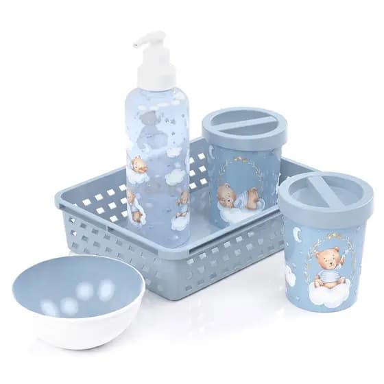 Kit Higiene Completo Banho Do Bebê 5 Itens Urso Azul Cesta Dispenser Porta Algodão Molhadeira
