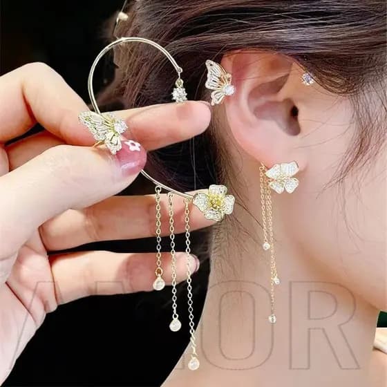 2 Peças De Punho De Orelha Com Borlas De Borboleta-Moda , Elegante , Strass Brilhante-Clipe De Osso De Zircônia De Flor-