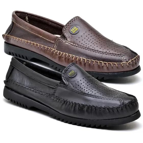 Kit 2 Pares Mocassim de Couro Sola Confortável