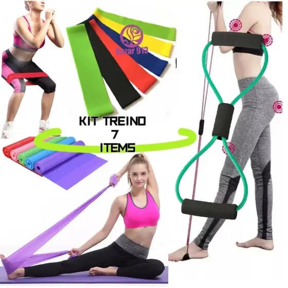 Kit 5 Elástico Treino Mini Band + 1 Elástico Exercício Extensor + 1 Faixa Elástica Thera Band Fisioterapia Funcional Academia em Casa Sporte
