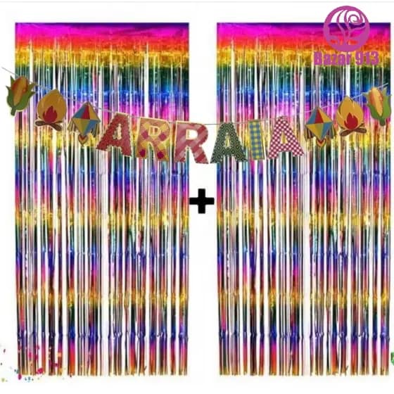 1 Faixa Letras ARRAIA + 2 Cortinas 2mx1m Colorida Para Festa Junina Decoração