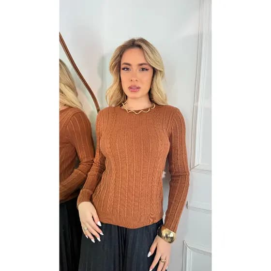 Blusa de Frio Feminina Tricot Sueter Modal Texturizada com Trança Outono/Inverno Wica Malhas