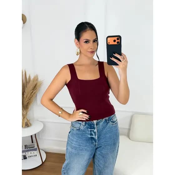 Regata Cropped Moda Feminina Lisa Modal Confortável Elegante Casual Decote Quadrado Premium Verão