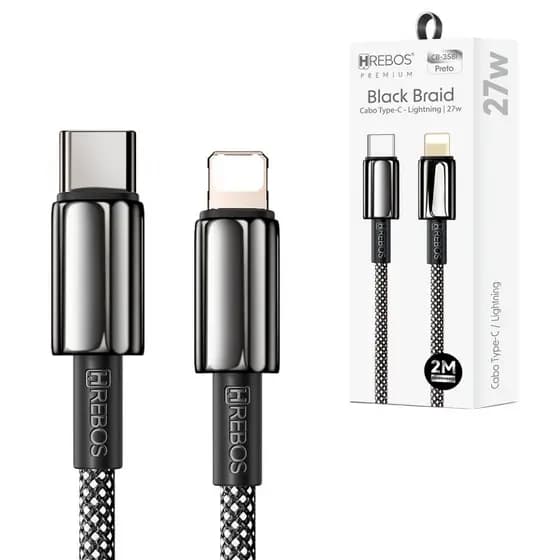 Cabo Hrebos CB-358i Dual USB Tipo-C Reforçado, 3.1A, 2 Metros, Tecido Trançado para iPhone