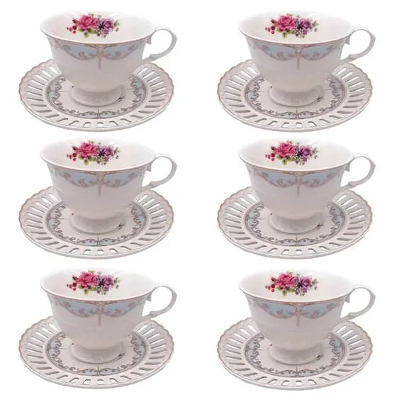 Jogo De 6 Xícaras Com Pires Para Chá Mon Chéri 220ml Em Porcelana 12 Peças