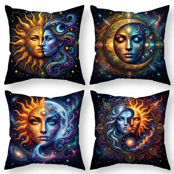 Kit 4 Capas de Almofada Decorativa 45x45 Modern Print Sala Sofá Quarto Capa Estampada Lua Sol Místico Cosmos Premium