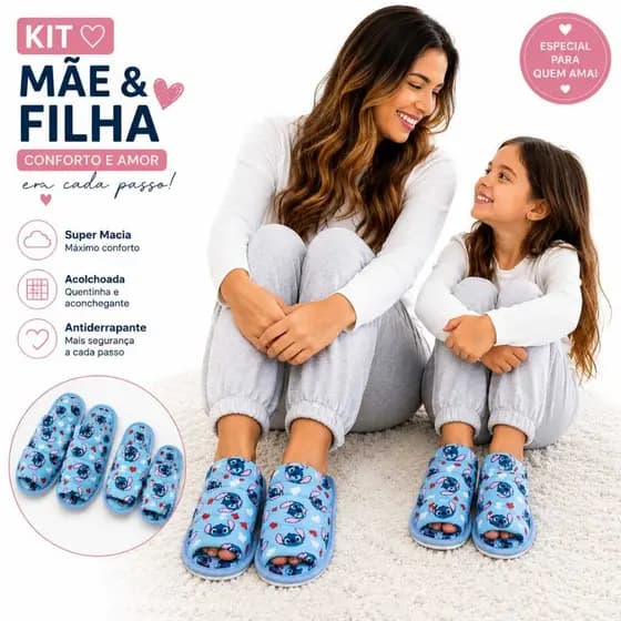 kit 2 pantufas mãe e fiilha stitch irmã chinelo de quarto quentinho Fofos Personagens Azul