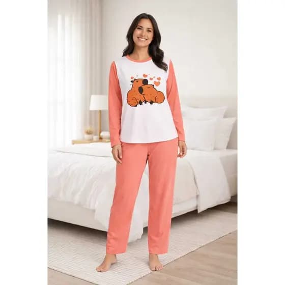 Pijama feminino adulto liso capivara longo de inverno manga longa Calça Comprida