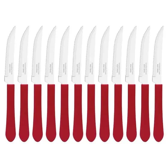 Kit 12 Faca Tramontina Leme Churrasco Inox Cabo Vermelho 4"