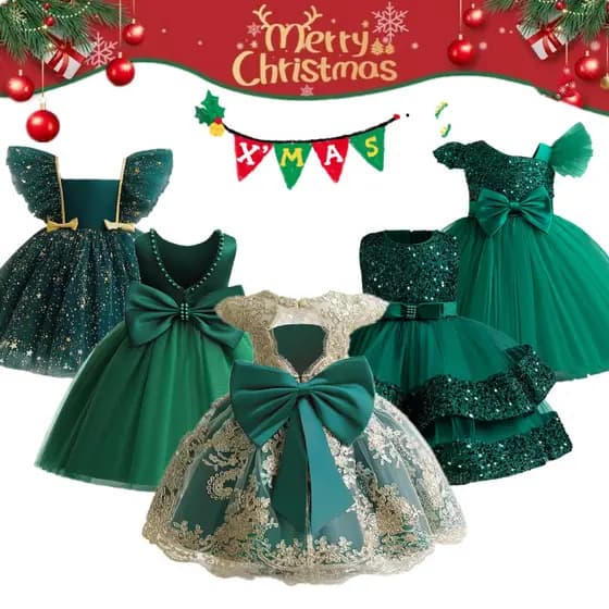 Menina Vestido De Princesa Jantar De Natal Série Verde Tule Bordado Festa De Aniversário Das Crianças Espumante Arco 1-5