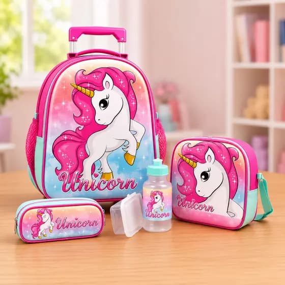 Mochila De Rodinhas Infantil Unicórnio Completa Com Lancheira E Estojo