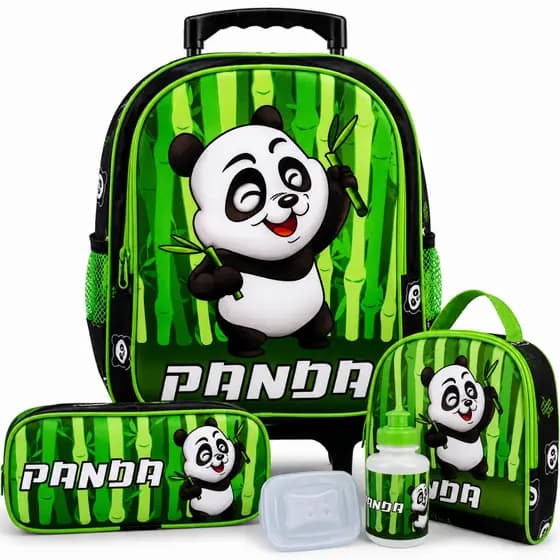 Kit Mochila Infantil Rodinhas Panda Lancheira Estojo Garrafa Pote Tamanho M