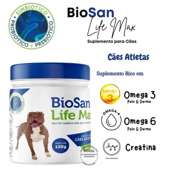 Probiotico para Cães Suplemento Canino Biosan Life Max Ômega 3 6 e Creatina
