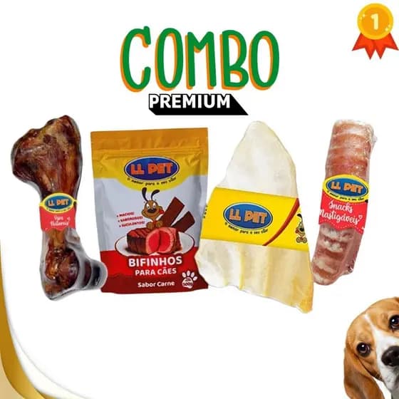 Petisco Natural Mordedor Combo Premium para Cães(Orelha e Traqueia Bovina, Fêmur Suíno, Bifinho)