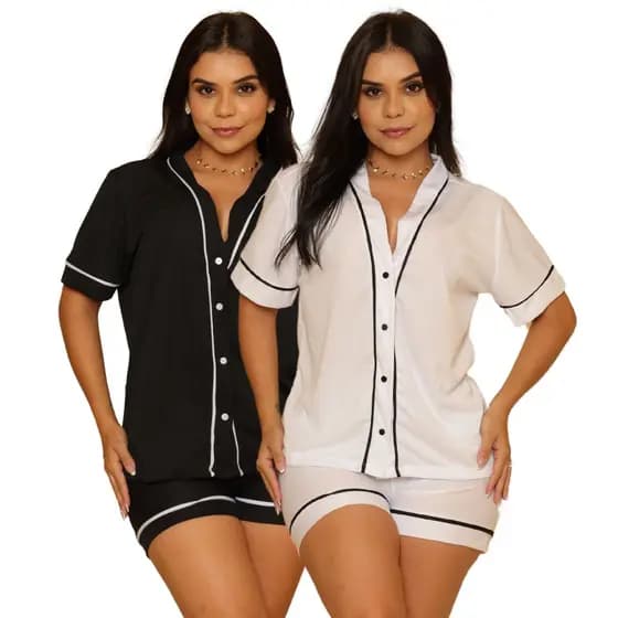 Kit Com 2 Pijamas Americanos Feminino Malha Fria Com Botões Verão