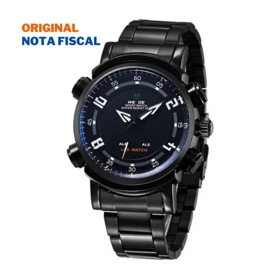 Relógio de Pulso Masculino Weide WH1101 Esportivo Preto Aço Inoxidável Anadigi Analógico e Digital