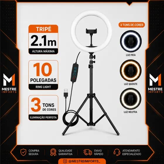 Iluminador Led Ring Light 10 Polegadas 110/220 Com Dimmer E Tripé Kit Completo Para Vídeo Foto Youtube Live Tikok e Kwai