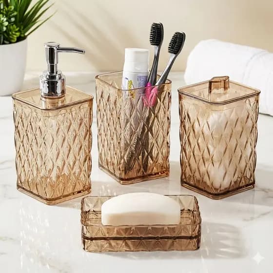 Kit de Banheiro 4 Itens Lavabo Glamour Ambar Plasútil Utilidades Decoração Organiza