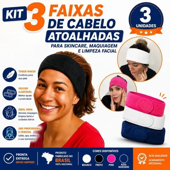 kit 3 Faixas Tiara para Skincare Cuidado diário Designer de Sombrancelhas Limpeza de pele