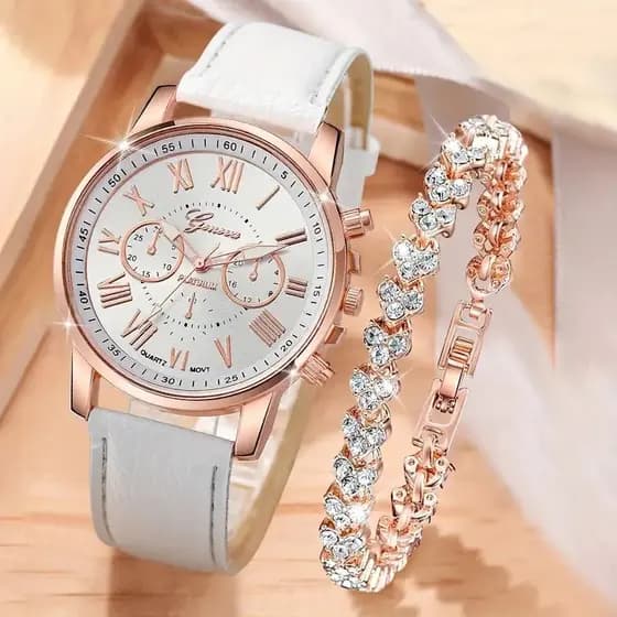 Conjunto Feminino Luxo – Relógio de Quartzo + Pulseira com Zircônias