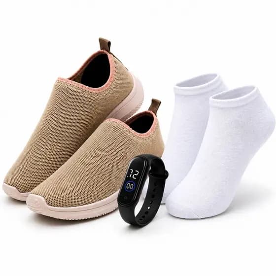 Kit Tênis Slip On Feminino Casual Treino Academia Esportivo Corrida+ Relógio e Meia