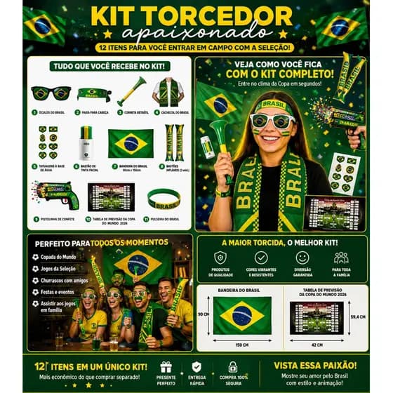 Kit Torcedor Brasil 12 Itens Copa do Mundo 2026 Completo Bandeira Corneta Óculos Faixa Pulseira Torcida