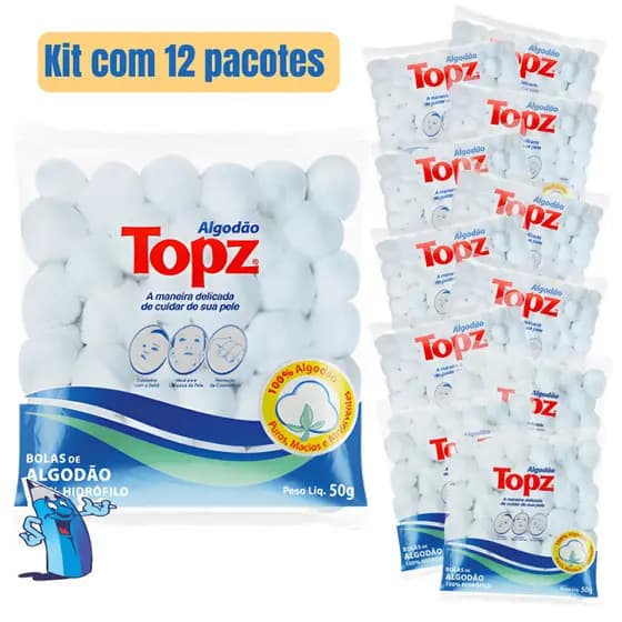 KIT BOLAS DE ALGODÃO TOPZ 12 PACOTES 50G 100% HIDRÓFILO