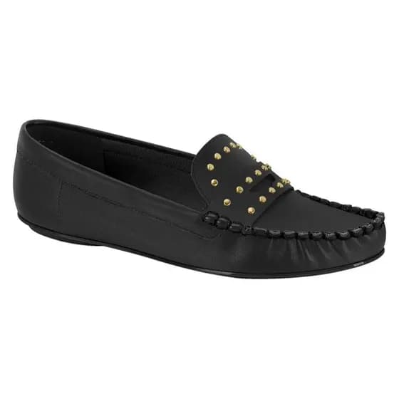 Vizzano Mocassim Clássico Feminino Original Tachinhas Douradas Preto Branco Off