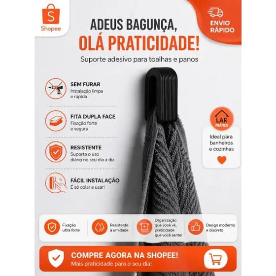Suporte Porta Toalha P/ Banheiro Gancho Para Toalha De Rosto e Toalha De Banho Fixação Fácil