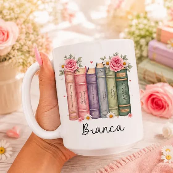 Caneca Personalizada Livros Florais com Nome 325ml | Presente para Leitora | Cerâmica Premium