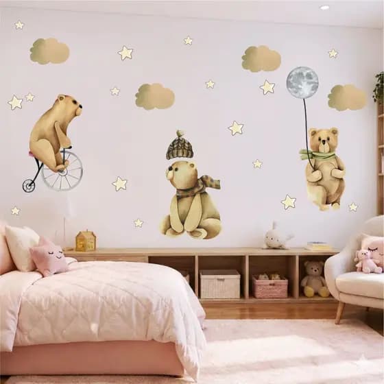 Adesivo de Parede Infantil Urso Bicicleta Lua Aquarela Retro Papel de Parede Auto Colante Decalque