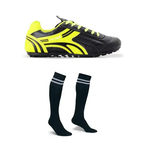 Kit Chuteira Society Couro Legitimo Preto Amarelo Limão Mais Par Meião