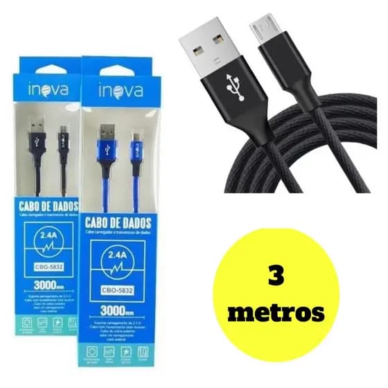 Cabo Usb dados e carregamento Inova V8 3 METROS Cabo V8 Usb Carregador Ultra 3 Metros Cabo V8 Coloridos
