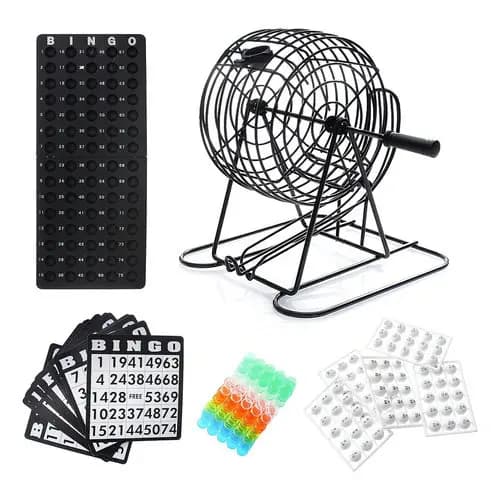 Kit Jogo De Bingo Completo Com Globo De Metal 75 Bolas Cartelas Reutilizáveis E Tabuleiro Organizacional