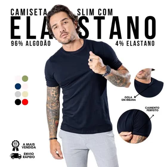 Camiseta Masculina Algodão Com Elastano Camisa Lisa Modelo Slim Fit Premium