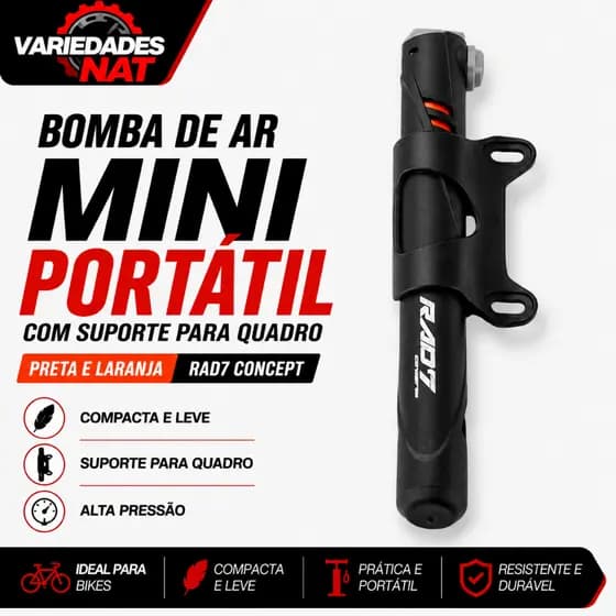 Bomba de Ar Mini Portátil Bike com Suporte para Quadro Preta e Laranja Rad7 Concept
