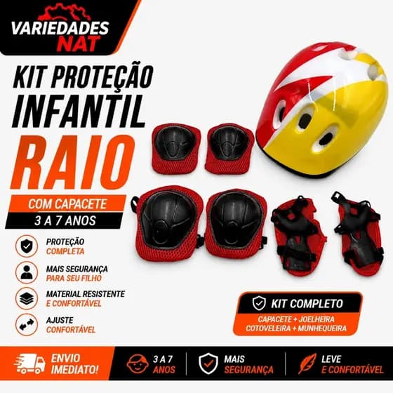 Kit de Proteção Infantil Raio com Capacete, Joelheira, Munhequeira e Cotoveleira 3 a 7 Anos