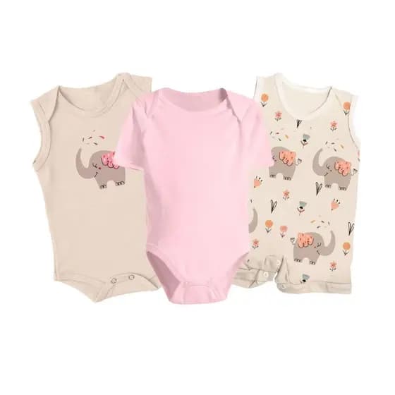 Kit Body Bebê Manga Curta Regata Macacão Curto 3 Pçs Algodão