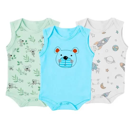 Kit Bebê 3 Peças Body Regata Estampado Verão Menino Menina