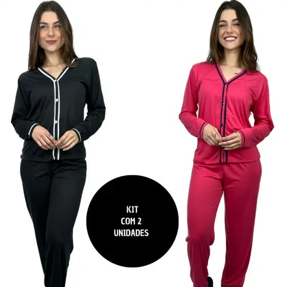 KIT 2 Pijamas Longos De Manga Americano Blogueira Aberto Botão Amamentação Feminino Inverno Frio Blogueirinha Promoção